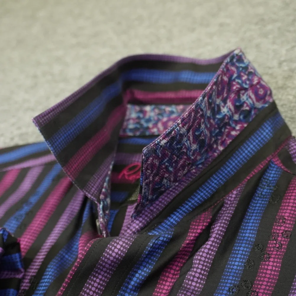 Robert Graham Button Up Shirt Mens XL Purple Blue Striped Flip Cuff Multicolor - Picture 6 of 15